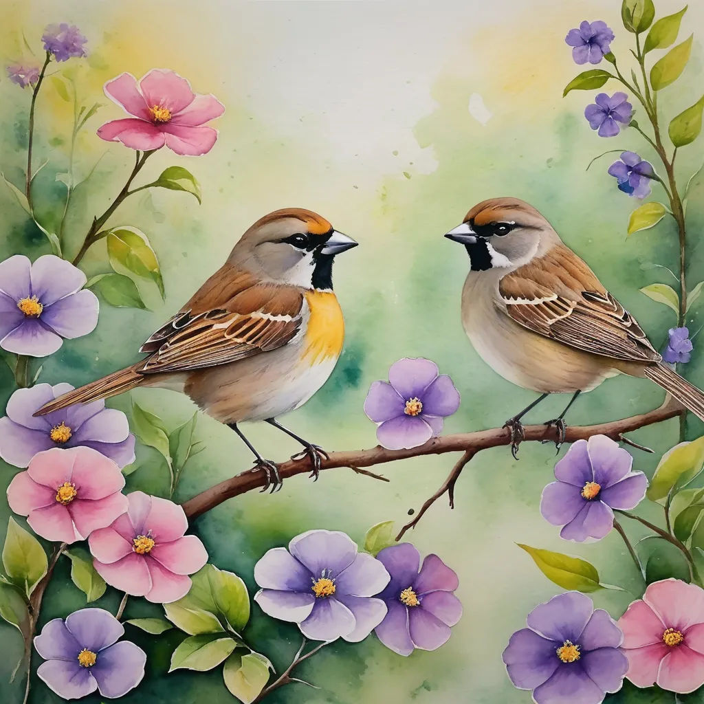 two birds sitting on a branch with flowers painted on it's side by hand on a watercolor paper, figurative art, a watercolor painting, Cindy Wright, birds