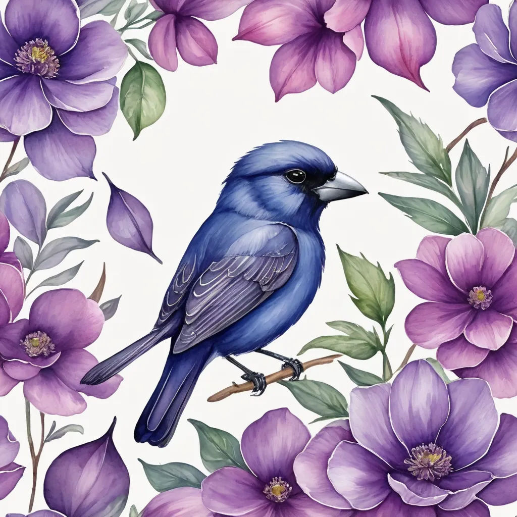 a blue bird sitting on a branch with purple flowers around it and a white background with purple flowers around it, arts and crafts movement, an ultrafine detailed painting, Clara Miller Burd, highly detailed digital painting