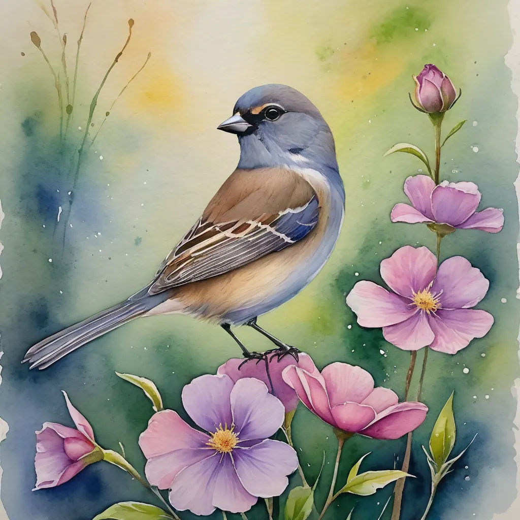 a bird is sitting on a flower in a painting style with watercolors on paper and paper backing, figurative art, a watercolor painting, Carol Sutton, watercolor