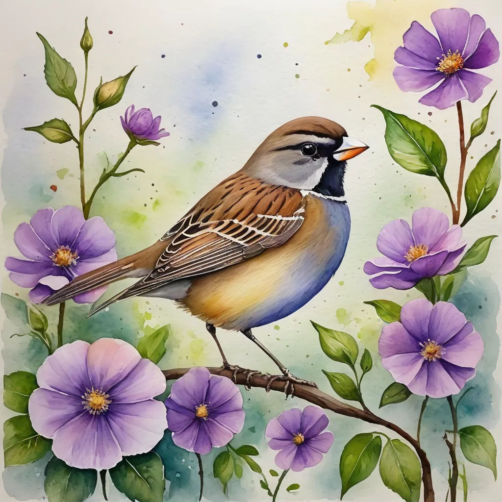 a bird sitting on a branch with purple flowers in the background and watercolor painting of it's wings, figurative art, a watercolor painting, Cindy Wright, in gouache detailed paintings