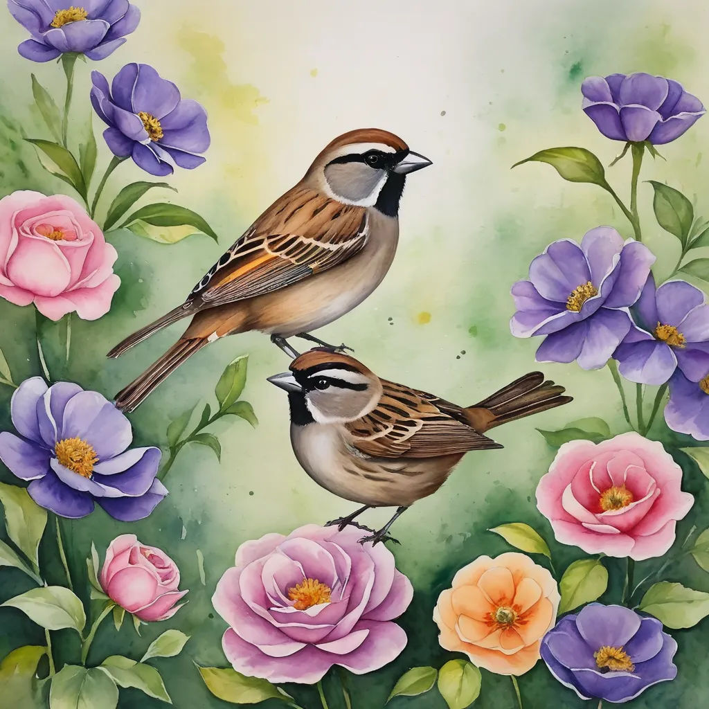 two birds are sitting on a branch of flowers with purple and pink flowers in the background, and a green background, naive art, a watercolor painting, Cindy Wright, birds