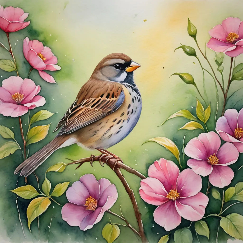 a painting of a bird sitting on a branch with pink flowers in the background and a yellow sky in the background, naive art, a watercolor painting, Carol Sutton, in gouache detailed paintings