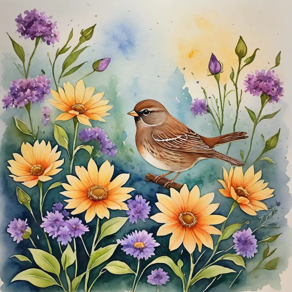 a bird sitting on a branch surrounded by flowers and butterflies in a watercolor painting style with blue and yellow colors, metaphysical painting, a watercolor painting, Cindy Wright, in gouache detailed paintings
