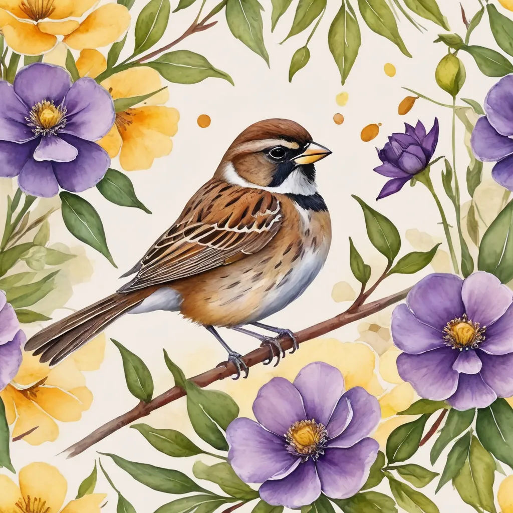 a bird sitting on a branch with purple flowers and green leaves around it and a white background with yellow and purple flowers, folk art, an ultrafine detailed painting, Annabel Kidston, in gouache detailed paintings