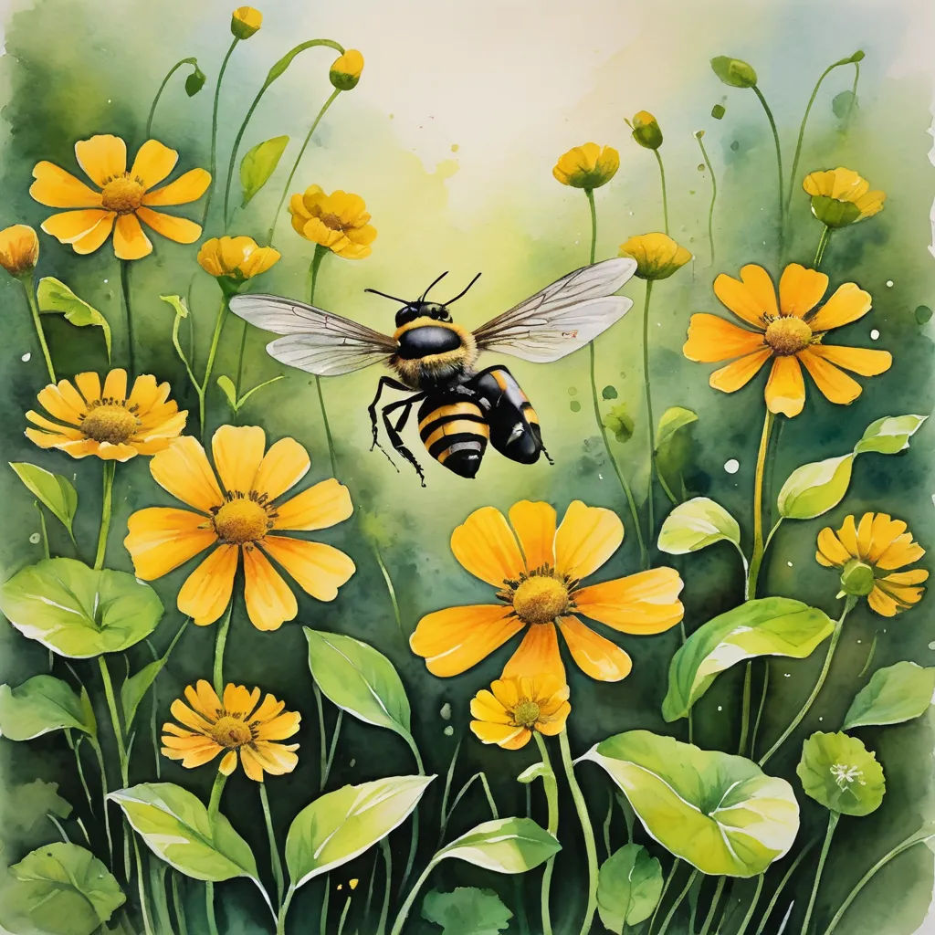 a painting of a bee flying over a field of flowers and daisies with watercolors on paper, naive art, an airbrush painting, Carol Sutton, highly detailed digital painting