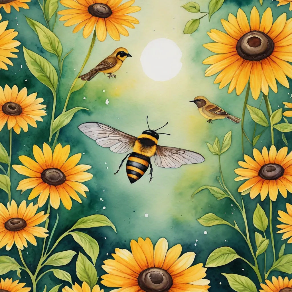 a painting of a bee flying over a sunflower field with two birds on it and a full moon in the background, fantasy art, a watercolor painting, Annabel Kidston, in gouache detailed paintings