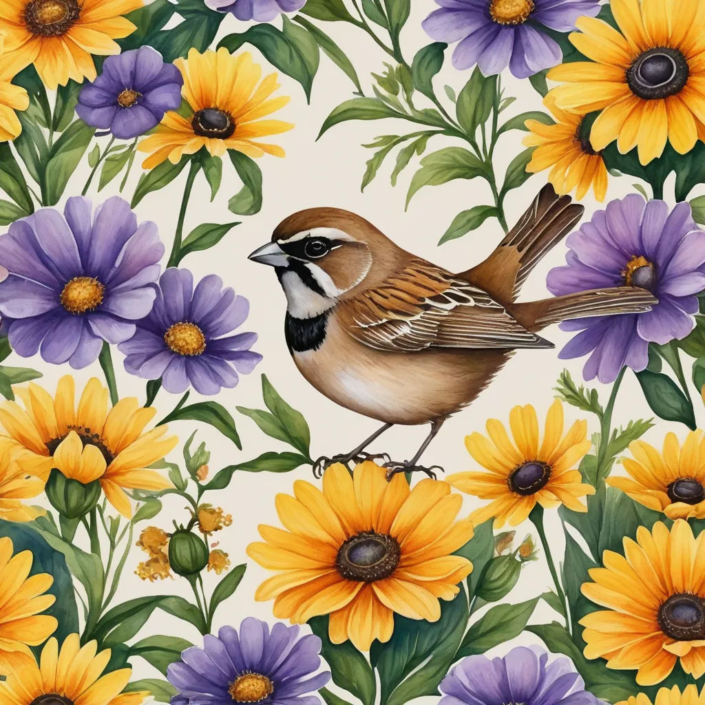 a bird sitting on a branch surrounded by flowers and leaves on a white background with yellow and purple flowers, folk art, an ultrafine detailed painting, Annabel Kidston, in gouache detailed paintings