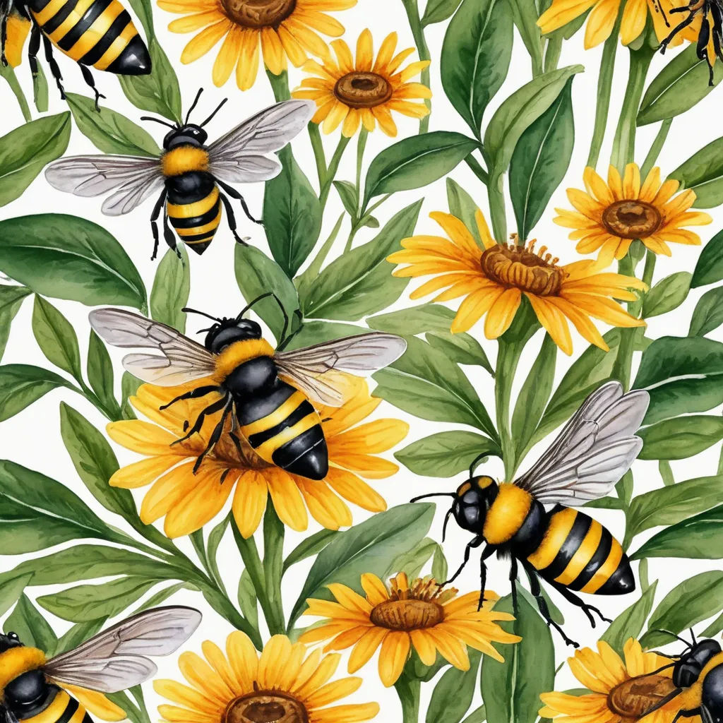 a bunch of bees on a flower with leaves and flowers in the background, with a white background and yellow flowers, ecological art, a detailed drawing, Annabel Kidston, detailed illustration