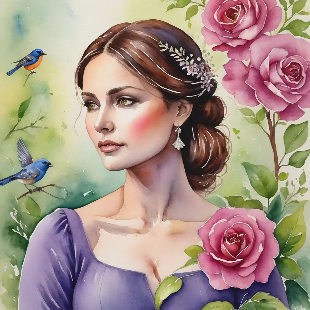 a painting of a woman with flowers and birds around her neck and a bird on her shoulder, and a blue bird on her shoulder, figurative art, a watercolor painting, Anne Stokes, detailed painting