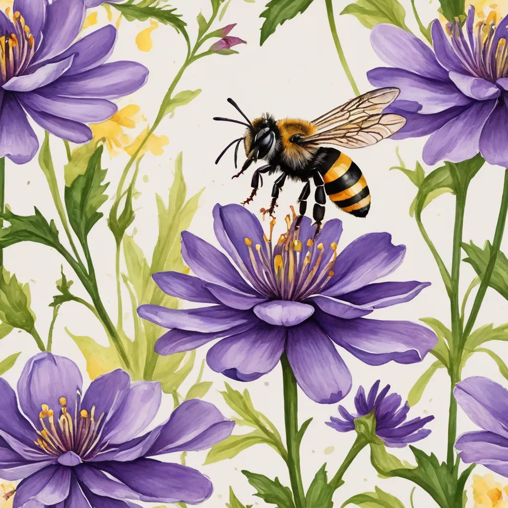 a bee is flying over a purple flower with yellow centers and green leaves on a white background with yellow and purple flowers, ecological art, a storybook illustration, Annabel Kidston, in gouache detailed paintings