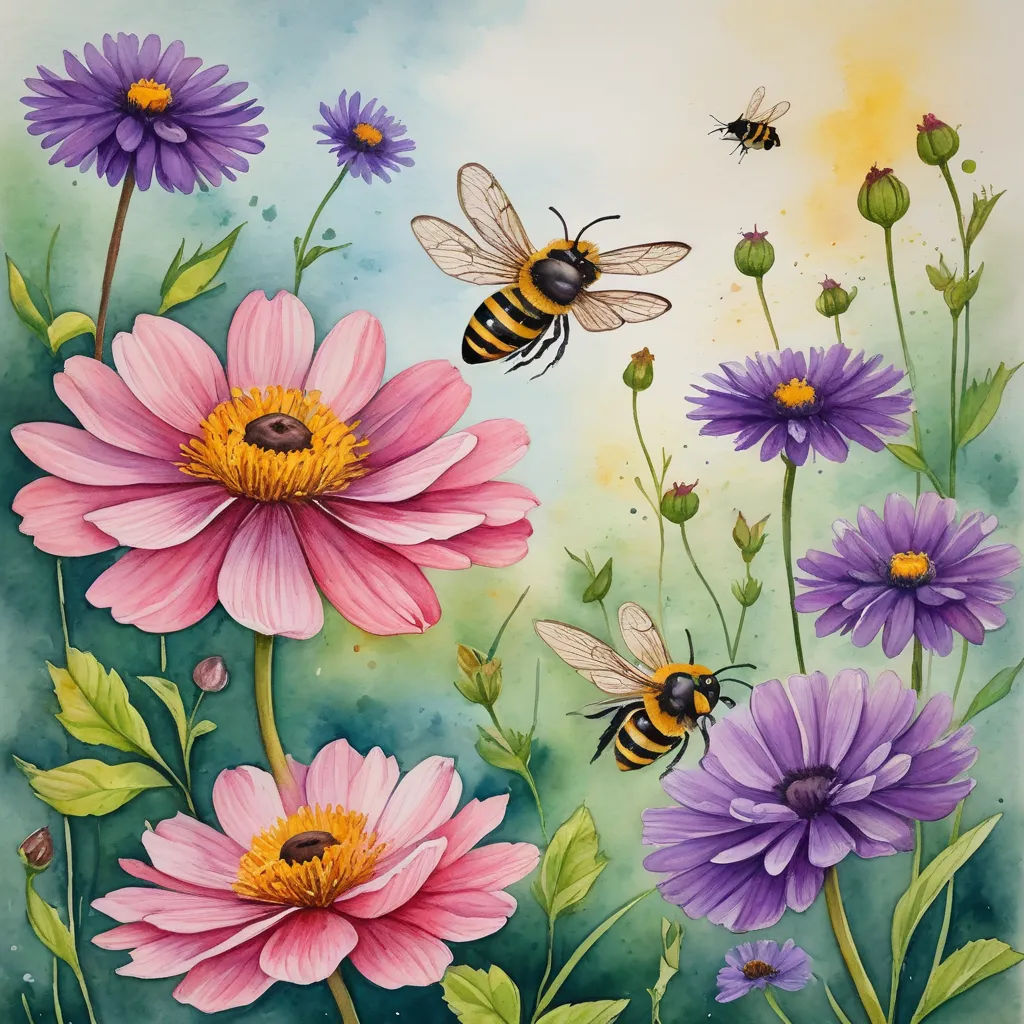 a painting of a bee flying over a flower field with daisies and purple flowers in the foreground, naive art, an airbrush painting, Annabel Kidston, highly detailed digital painting