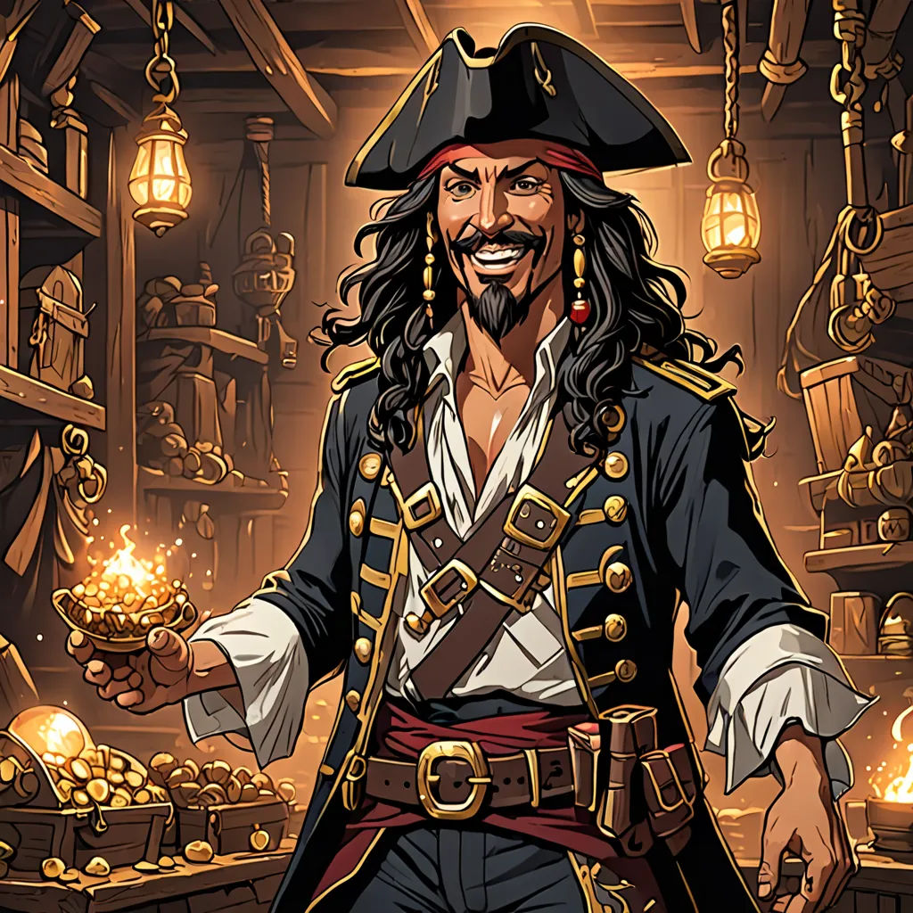 a pirate with a golden pot in his hand and a lot of gold in his hand, in a room full of lights, fantasy art, a character portrait, Altoon Sultan, game art