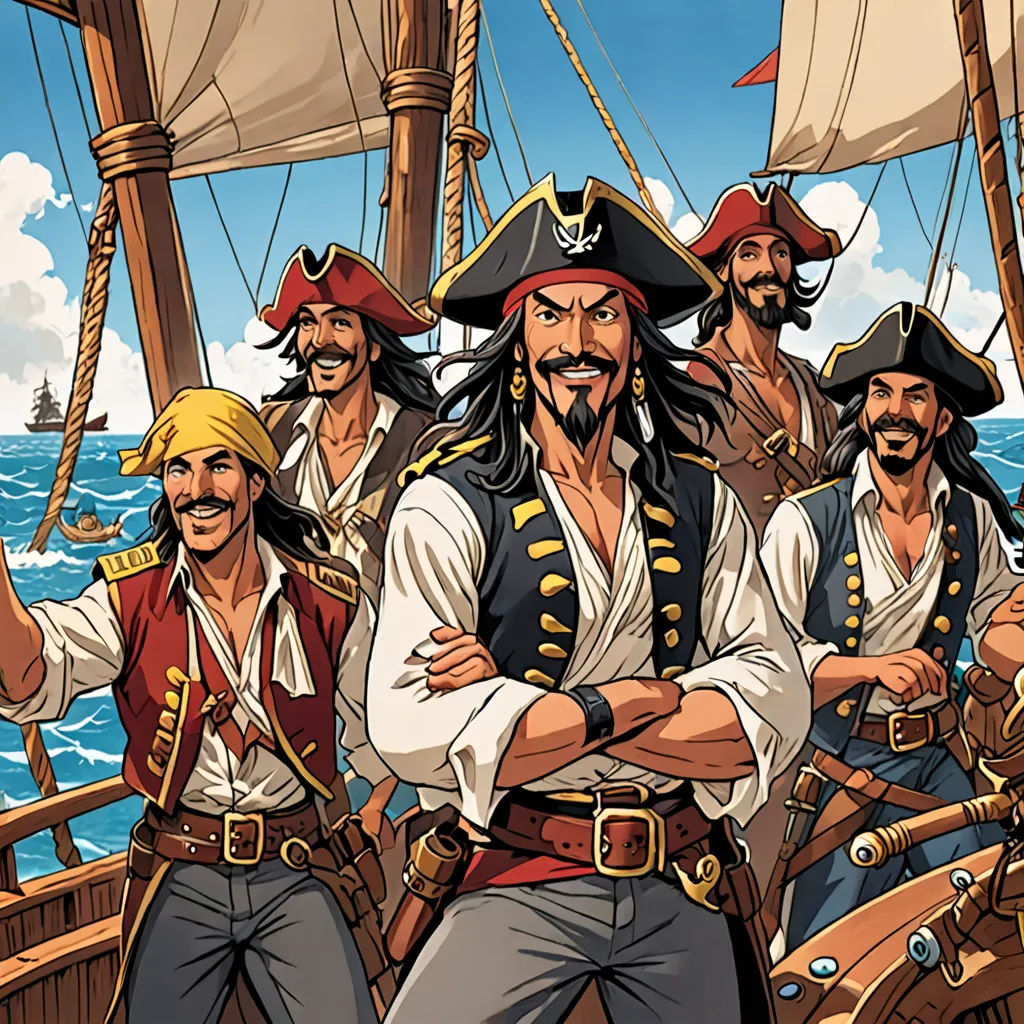 a group of pirates standing on a boat in the ocean with their arms crossed and looking at the camera, lyco art, a comic book panel, Altoon Sultan, official art