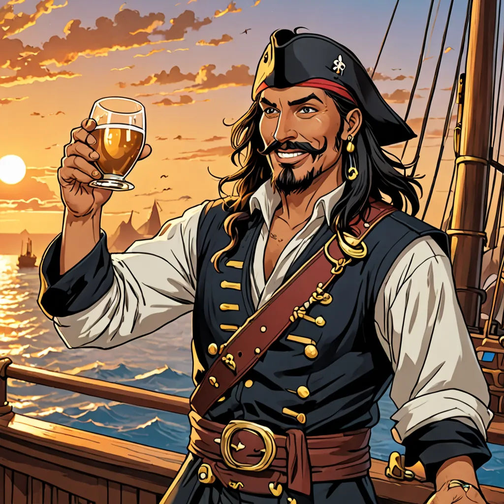 a man in a pirate costume holding a glass of wine on a boat at sunset with a ship in the background, fantasy art, a character portrait, Altoon Sultan, promotional image