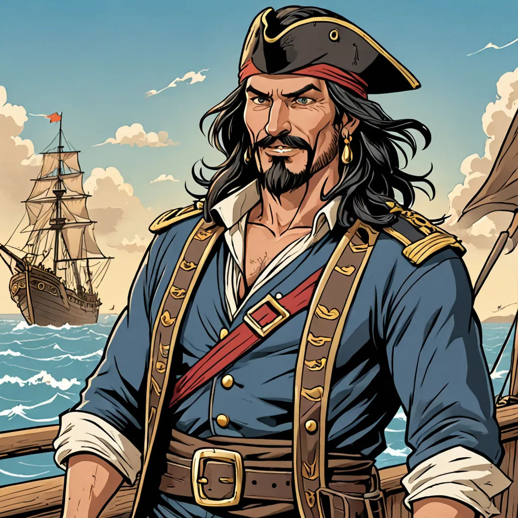 a man in a pirate costume standing on a boat in the ocean with a pirate ship in the background, fantasy art, a character portrait, Diego Gisbert Llorens, western comic book art