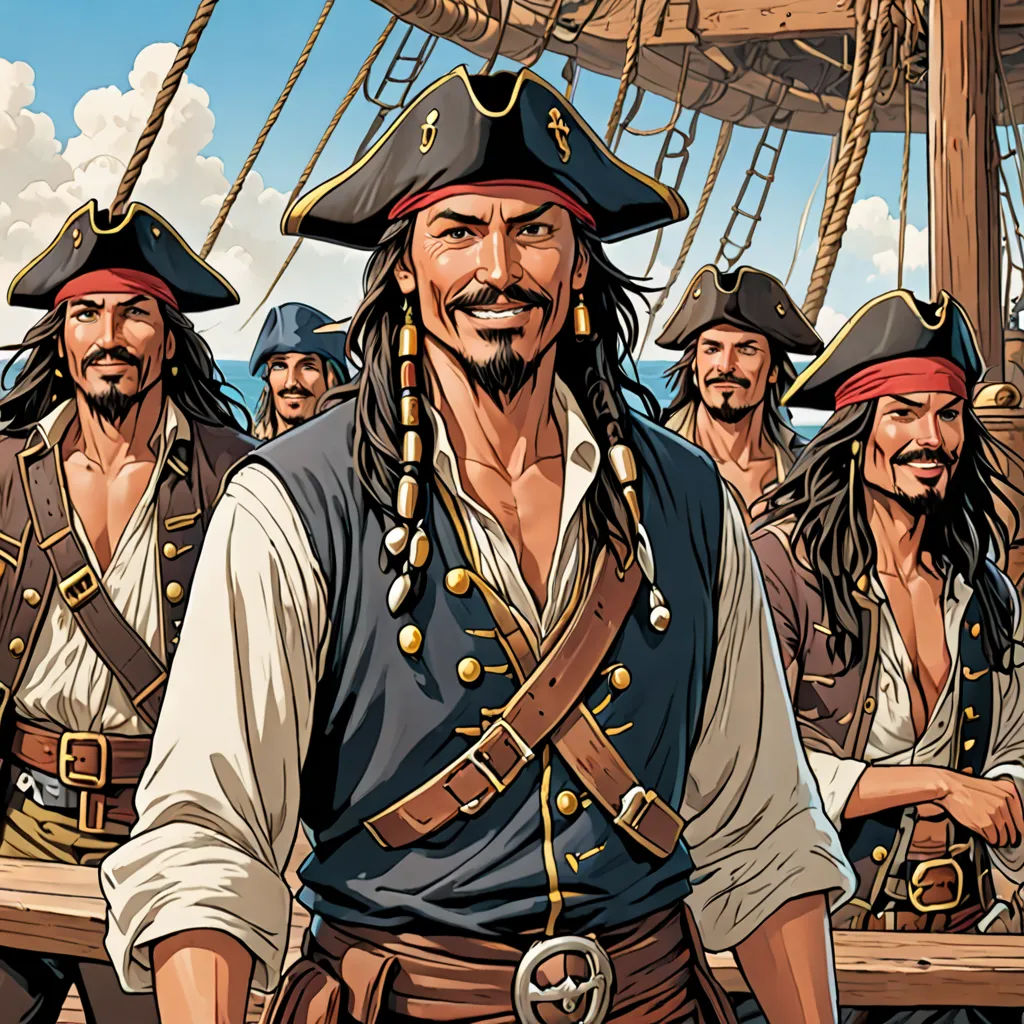 a group of pirates standing on a boat in the water with a pirate ship in the background and a man in the foreground, antipodeans, a comic book panel, Altoon Sultan, western comic book art