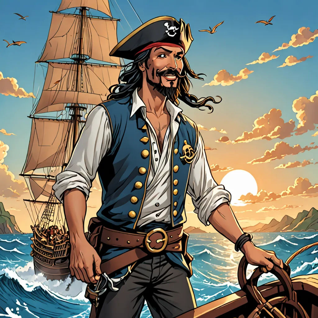a pirate standing on a boat in the ocean with a ship in the background and a bird flying over the ship, fantasy art, a character portrait, Altoon Sultan, official art