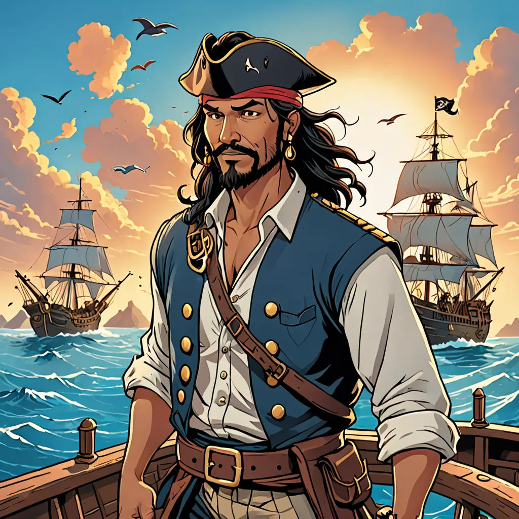 a man in a pirate costume standing on a boat in the ocean with a ship in the background and a bird flying overhead, lyco art, a character portrait, Altoon Sultan, comic cover art