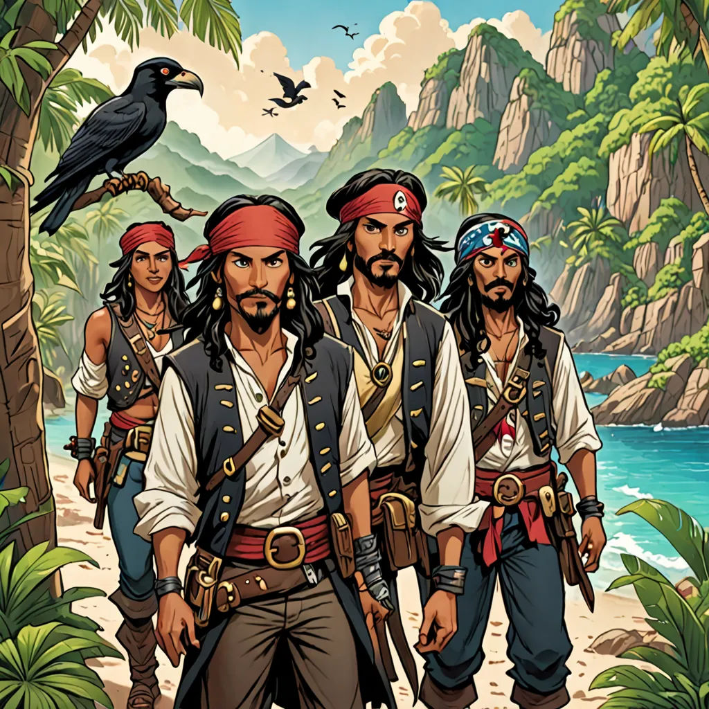 a group of pirates standing on a beach next to a forest and a river with a bird on it, antipodeans, a comic book panel, Altoon Sultan, comic cover art