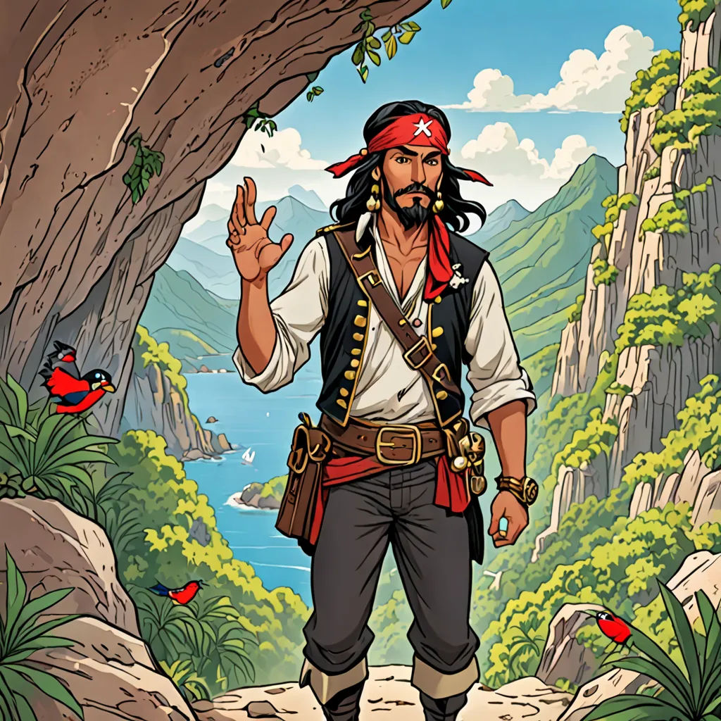 a cartoon pirate is standing in a cave with a bird flying by him and waving his hand up to the side, fantasy art, a character portrait, Diego Gisbert Llorens, character portrait