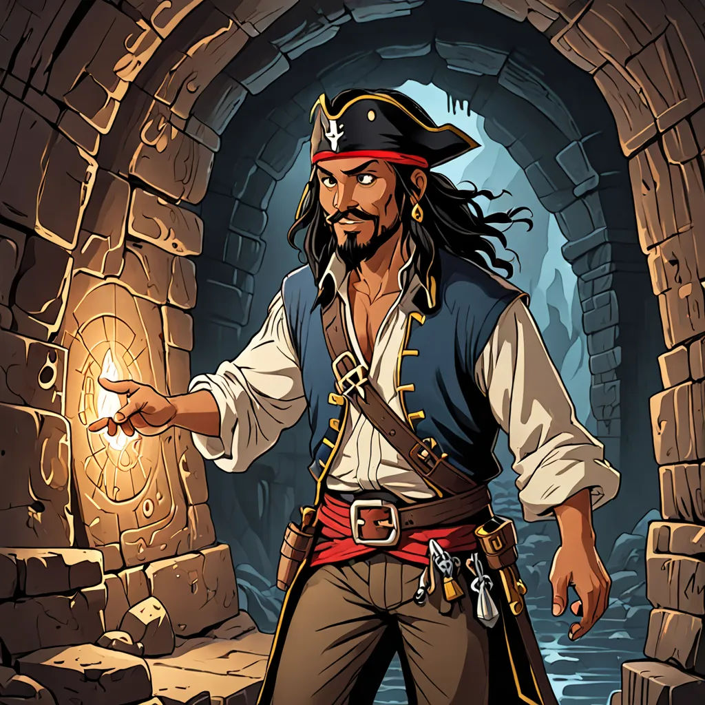 a cartoon pirate with a light in his hand and a stone tunnel behind him, with a light in his hand, fantasy art, a character portrait, Diego Gisbert Llorens, 2 d game art