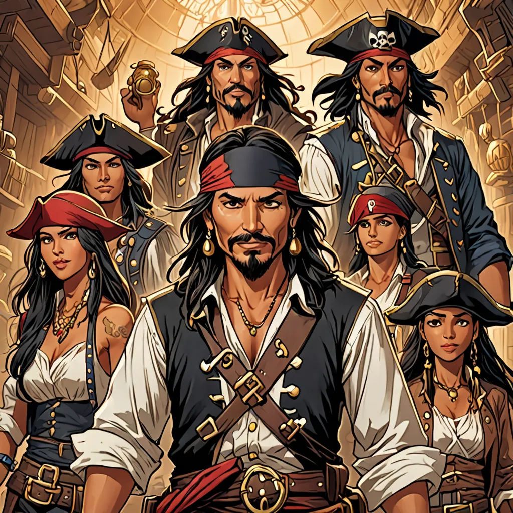 a group of pirates standing in a room with a light in the background and a pirate on the wall, incoherents, a comic book panel, Altoon Sultan, comic cover art