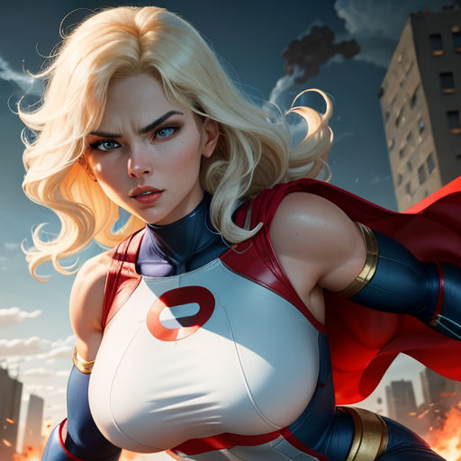 a woman in a costume is posing for a picture in front of a city skyline with a fireball