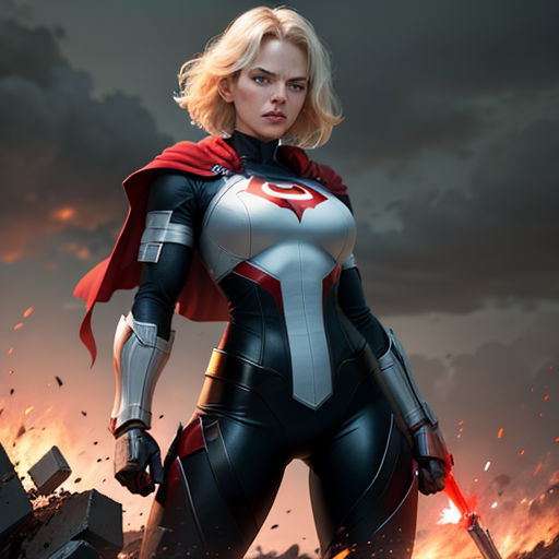 a woman in a costume standing in front of a fire and sky background with a sword in her hand