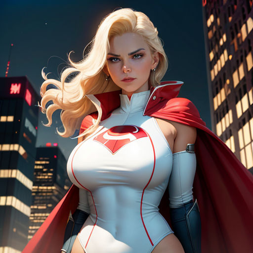 a woman in a white and red costume standing in front of a cityscape at night with a red cape