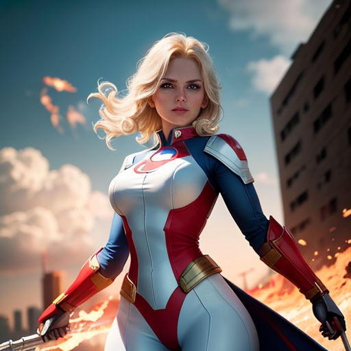 a woman in a costume is standing in the street with a gun in her hand and a city in the background