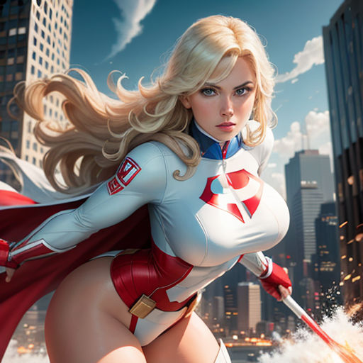 a woman in a white and red outfit is flying through the air with a sword in her hand and a city in the background
