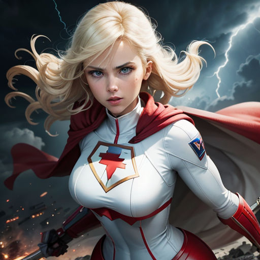 a woman in a white suit with a red cape and cape on her head, standing in front of a lightning