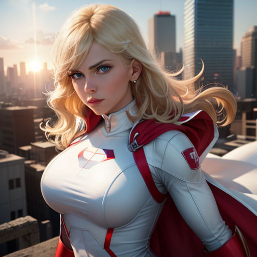 a woman in a white and red outfit standing in front of a city skyline with skyscrapers and buildings