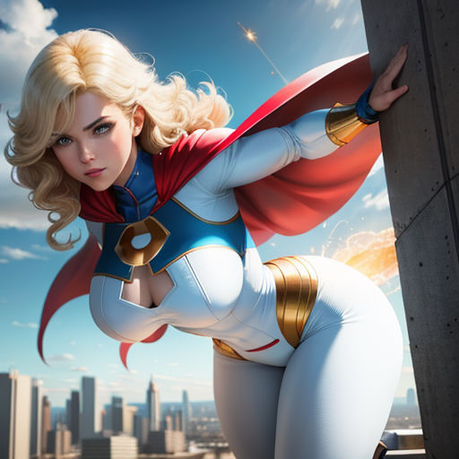 a woman dressed as a super hero posing for a picture in front of a cityscape with a skyscraper in the background