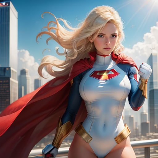 a woman in a supergirl costume is posing for a picture in front of a cityscape with skyscrapers