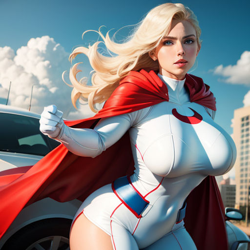 a woman in a white suit and red cape standing next to a car with a red cape on her shoulders