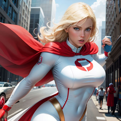 a woman in a white and red costume is posing for a picture on a city street with a red cape