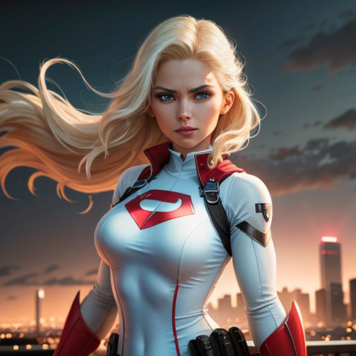 a woman in a white suit with a red cape and a red and white cape on her chest and a city skyline in the background