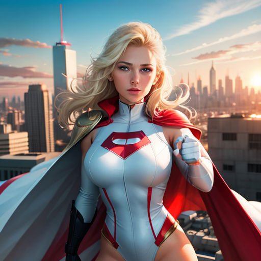 a woman in a white and red costume with a cape on top of a building with a city skyline in the background