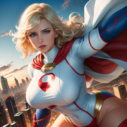 a woman in a white and red outfit is posing in front of a cityscape with a red and white cape