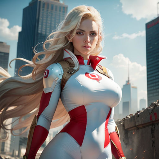 a woman in a white and red outfit standing in front of a cityscape with skyscrapers and a red and white flag