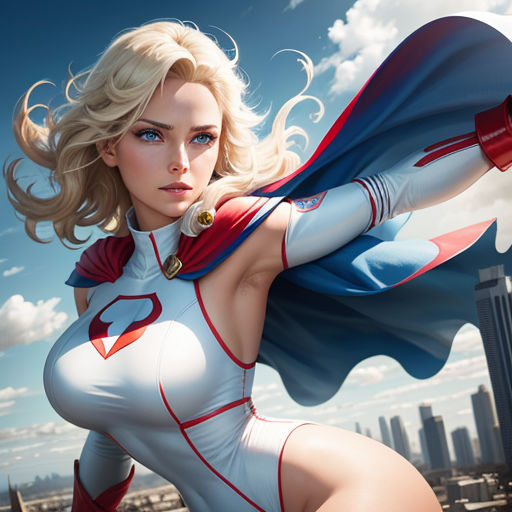 a woman in a white and red costume with a cape on her shoulders and a city in the background