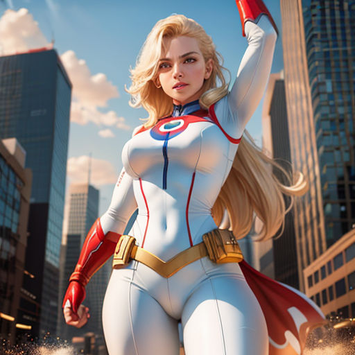 a woman in a white suit and red cape standing in the middle of a city street with her arms up