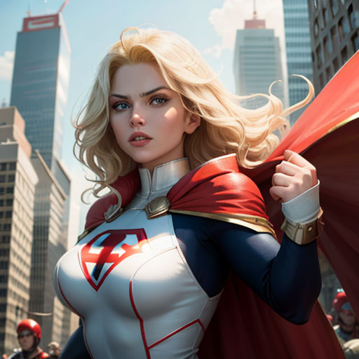 a woman in a costume is standing in the street with a red cape on her shoulders and a city in the background