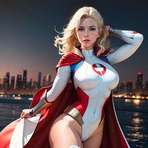 a woman in a costume is posing for a picture by the water with a city in the background and a red cape