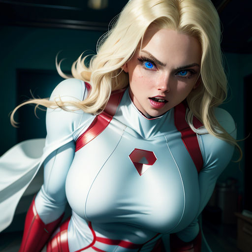 a woman in a white and red outfit with a red cape on her chest and a white cape on her chest