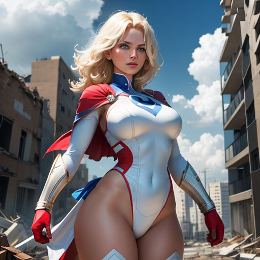a woman in a white and red costume standing in a city street with a building in the background and a sky in the background