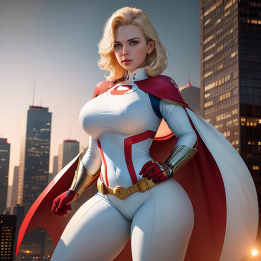 a woman in a white and red costume standing in front of a city skyline with skyscrapers and skyscrapers