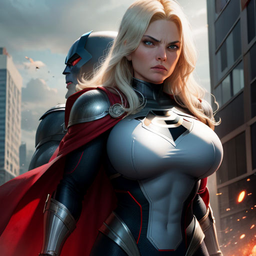 a woman in a superhero costume standing next to a man in a suit of armor and a cape on