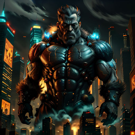 a man in a futuristic city with a huge muscular body and glowing eyes, standing in front of a cityscape